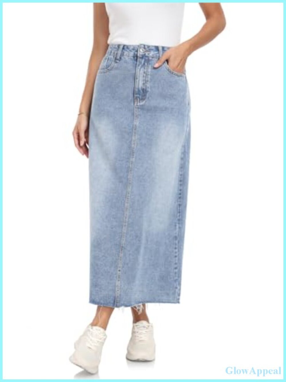 High Waisted Frayed Raw Hem Denim Midi Skirt with Pockets